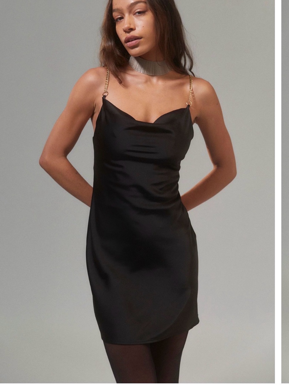 Urban Outfitters Mallory Black Satin Cowl Neck Mini Dress with Gold Chain Straps